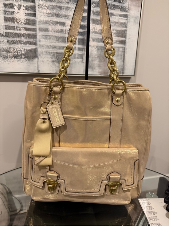 Coach Handbags - Coach Shimmery Champagne Leather Shoulder Bag with Gold Chain Straps